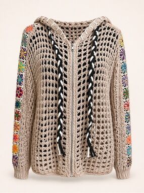 POL Crochet Zip Up Hoodie Sweater Boho Floral Sleeve Large NWOT